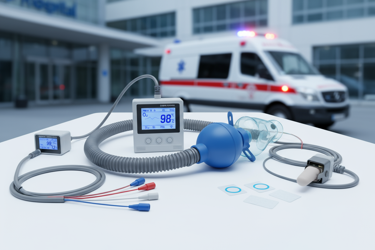 medical oxygen sensor , ECG cable, spo2 finger sensor with cable , ventilator hose , ambobag , ambulance
all combined with linked to eachother